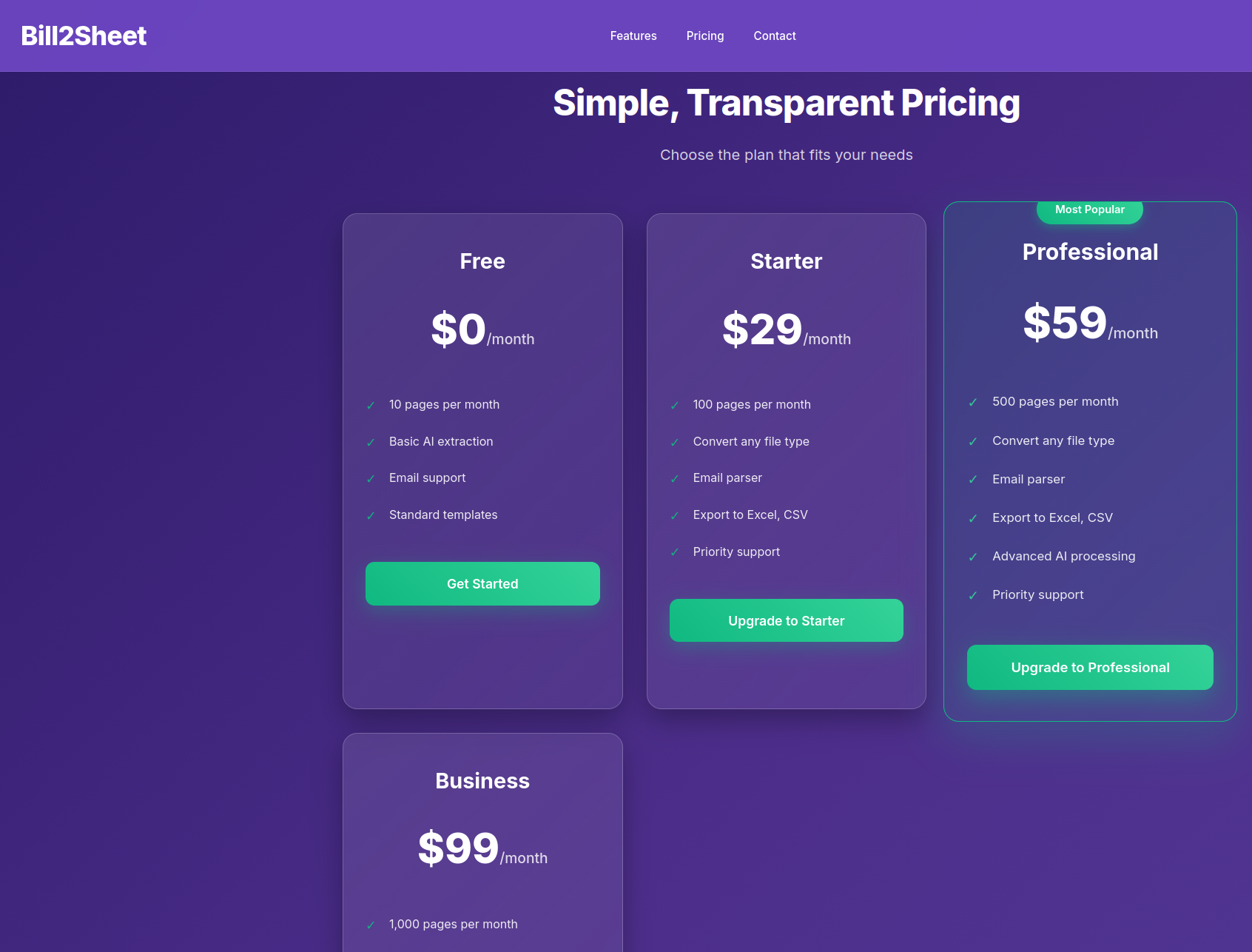 Bill2Sheet pricing plan screenshot