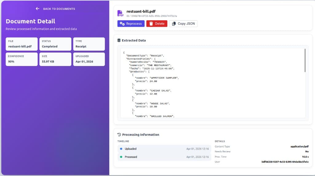 Bill2Sheet extraction result screenshot showing JSON output for the test receipt