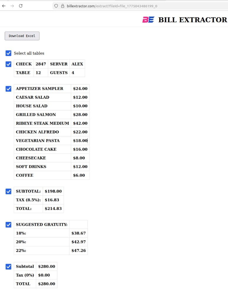 BillExtractor result screenshot with detected tables and Excel export action