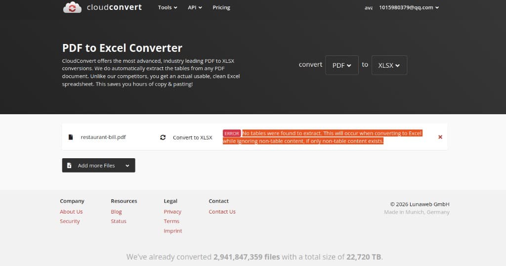 CloudConvert conversion result showing no tables found error