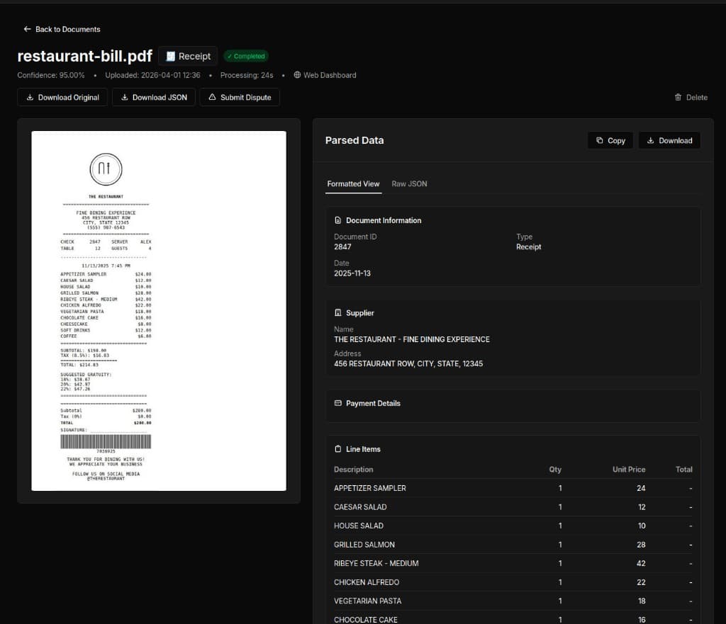ExtractBill extraction result screenshot for the test restaurant bill