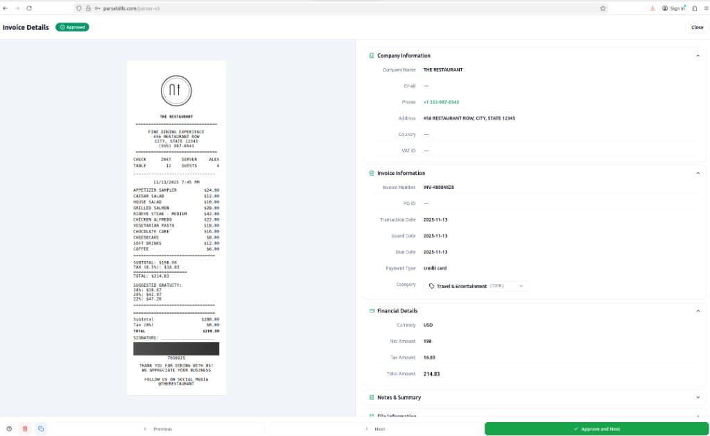 ParseBills result screenshot showing receipt mapped into invoice-like fields