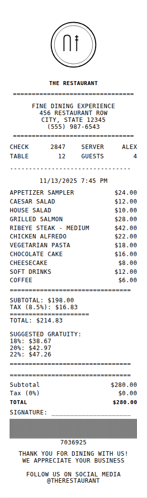 Restaurant bill used for the bill-to-Excel tool comparison test